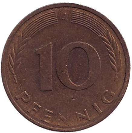 Монета 10 пфеннигов. 1984 год (J), ФРГ. (Из обращения). Дубовые листья.