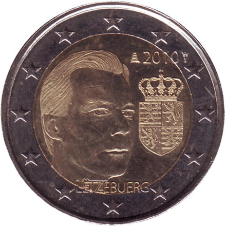 Монета 2 евро, 2010 год, Люксембург. Герб Великого герцога Люксембурга Анри.