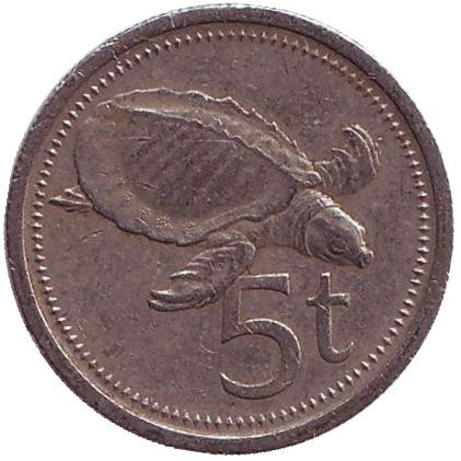 Монета 5 тойа, 1975 год, Папуа-Новая Гвинея. Свиноносая черепаха.