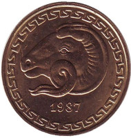 Монета 20 сантимов. 1987 год, Алжир. Баран. Монета 20 сантимов. 1987 год, Алжир. Баран.