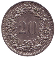 Монета 20 раппенов. 1975 год, Швейцария. Монета 20 раппенов. 1975 год, Швейцария.