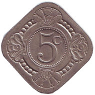 Монета 5 центов. 1929 год, Нидерланды. Монета 5 центов. 1929 год, Нидерланды.