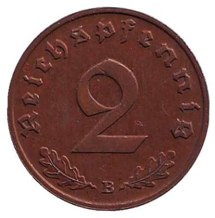 Монета 2 рейхспфеннига. 1938 год (B), Германия (Третий Рейх).