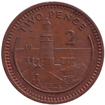 Монета 2 пенса. 1988 год, Гибралтар. (Отметка "AA") Маяк.
