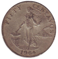 Монета 50 сентимо. 1964 год, Филиппины. Монета 50 сентимо. 1964 год, Филиппины.