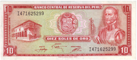 Банкнота 10 солей. 1976 год, Перу. Инка Гарсиласо де ла Вега.