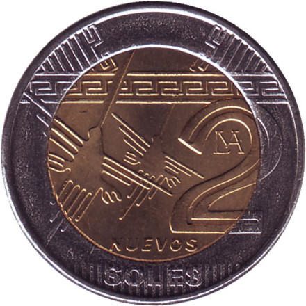 Монета 2 новых соля. 2011 года, Перу. Рисунки пустыни Наска. Колибри.