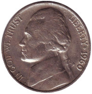 Монета 5 центов. 1960 год (D), США. Джефферсон. Монтичелло. Монета 5 центов. 1960 год (D), США. Джефферсон. Монтичелло.