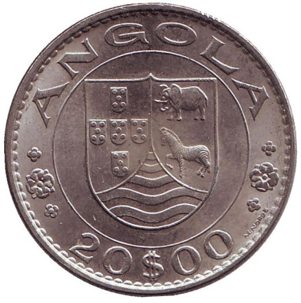 Монета 20 эскудо. 1971 год, Ангола в составе Португалии.