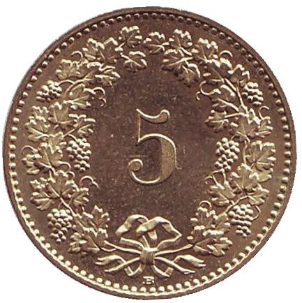 Монета 5 раппенов. 2011 год, Швейцария.