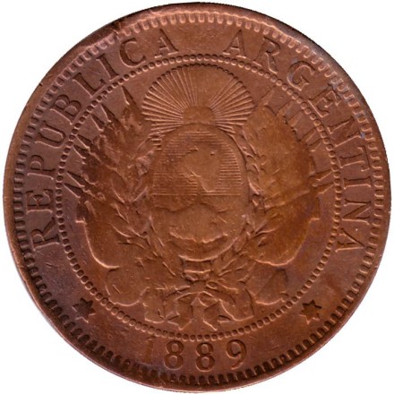 Монета 2 сентаво. 1889 год, Аргентина. Монета 2 сентаво. 1889 год, Аргентина.
