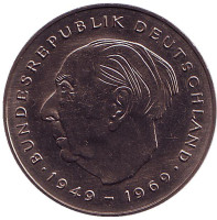 Теодор Хойс. Монета 2 марки. 1981 год (G), ФРГ. UNC.
