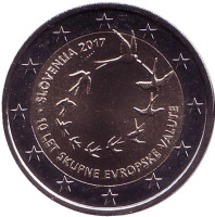 10 лет введению евро в Словении. Монета 2 евро. 2017 год, Словения.