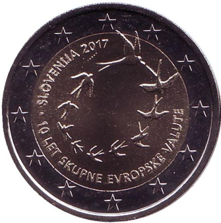 Монета 2 евро. 2017 год, Словения. 10 лет введению евро в Словении.