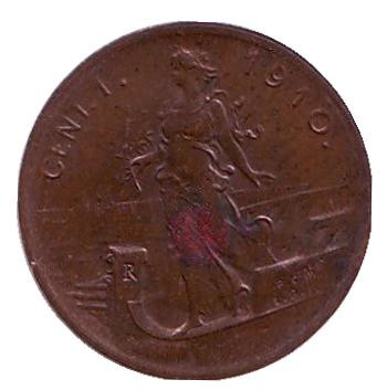 Монета 1 чентезимо. 1910 год, Италия.