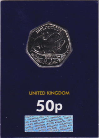 Монета 50 пенсов. 2024 год, Великобритания. Диплодок. В блистере.