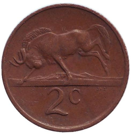 Монета 2 цента. 1974 год, Южная Африка. Белохвостый гну.