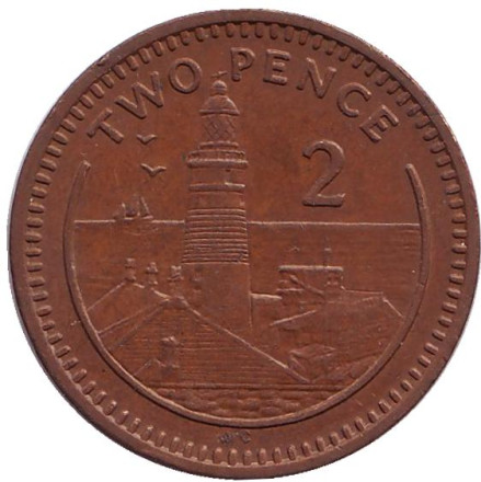 Монета 2 пенса. 1988 год, Гибралтар. (Отметка "AС") Маяк.