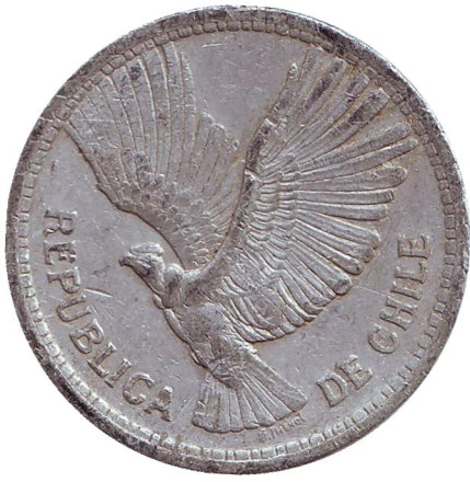 Монета 10 песо. 1957 год, Чили. Кондор.