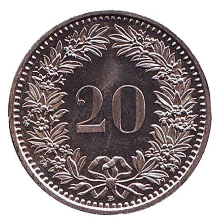 Монета 20 раппенов. 1998 год, Швейцария. aUNC.