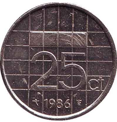 Монета 25 центов. 1986 год, Нидерланды.