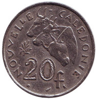 Монета 20 франков. 1967 год, Новая Каледония. Быки. Монета 20 франков. 1967 год, Новая Каледония. Быки.