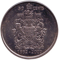 Монета 50 центов. 2002 год, Канада. Из обращения. 50 лет правлению Королевы Елизаветы II. Монета 50 центов. 2002 год, Канада. Из обращения. 50 лет правлению Королевы Елизаветы II.