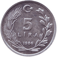 Монета 5 лир. 1986 год, Турция. Монета 5 лир. 1986 год, Турция.