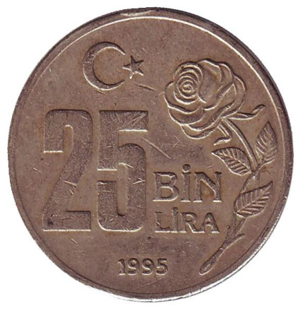 Монета 25000 лир. 1995 год, Турция.