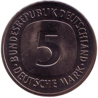 Монета 5 марок. 1980 год (D), Германия.