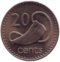 Культовый атрибут Tabua (зуб кита) на плетеном шнурке. Монета 20 центов. 1985 год, Фиджи.