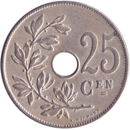Монета 25 сантимов. 1913 год, Бельгия. (Belgie)