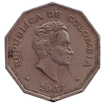 Монета 1 песо. 1967 год, Колумбия. Из обращения. Симон Боливар.