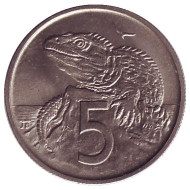 Монета 5 центов. 1967 год, Новая Зеландия. UNC. Гаттерия. Монета 5 центов. 1967 год, Новая Зеландия. UNC. Гаттерия.