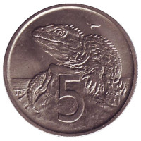 Гаттерия. Монета 5 центов. 1967 год, Новая Зеландия. UNC.