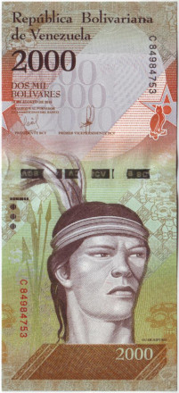 Банкнота 2000 боливаров. 2016 год, Венесуэла. (в/з - Симон Боливар).