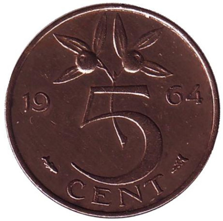 Монета 5 центов. 1964 год, Нидерланды.