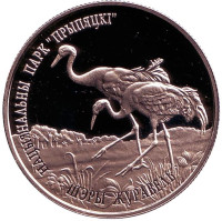 Серый журавль. Национальный парк "Припятский". Монета 1 рубль. 2004 год, Беларусь.