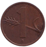 Монета 1 раппен. 1953 год, Швейцария. 