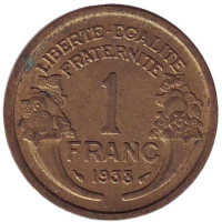 Монета 1 франк. 1938 год, Франция.