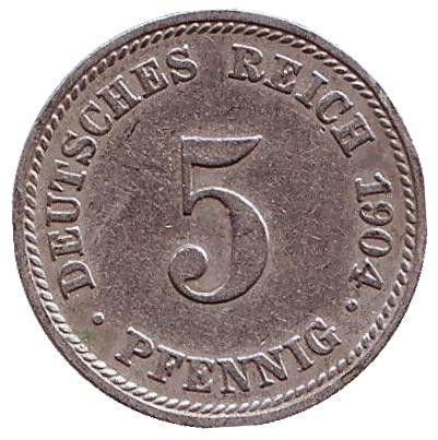 Монета 5 пфеннигов. 1904 год (D), Германская империя.