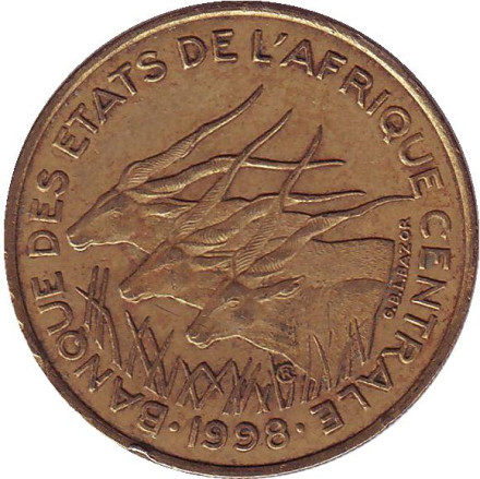 Монета 25 франков. 1998 год, Центральные Африканские Штаты. Африканские антилопы. (Западные канны).