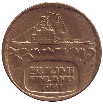 Монета 5 марок, 1991 год, Финляндия. Из обращения. Ледокол Урхо.