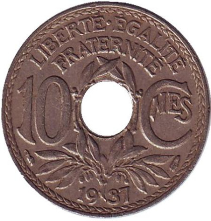 Монета 10 сантимов. 1937 год, Франция.