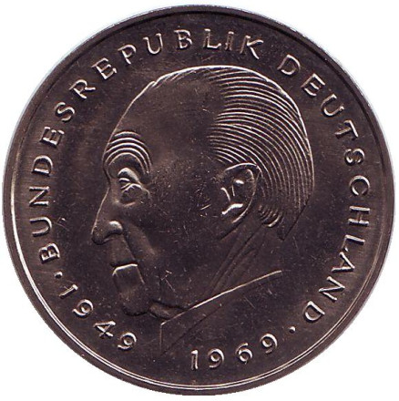 Монета 2 марки. 1981 год (G), ФРГ. UNC. Конрад Аденауэр.