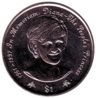 Монета 1 доллар. 1997 год, Ниуэ. Принцесса Диана. (В память о Принцессе Диане). Монета 1 доллар. 1997 год, Ниуэ. Принцесса Диана. (В память о Принцессе Диане).