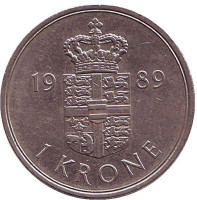 Монета 1 крона. 1989 год, Дания.
