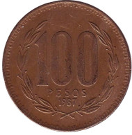 Монета 100 песо. 1987 год, Чили. Монета 100 песо. 1987 год, Чили.