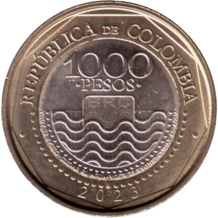 Монета 1000 песо. 2023 год, Колумбия. Морская черепаха.