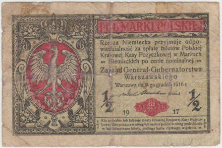 Банкнота 1/2 польских марок. 1917 год, Польша. P-7.